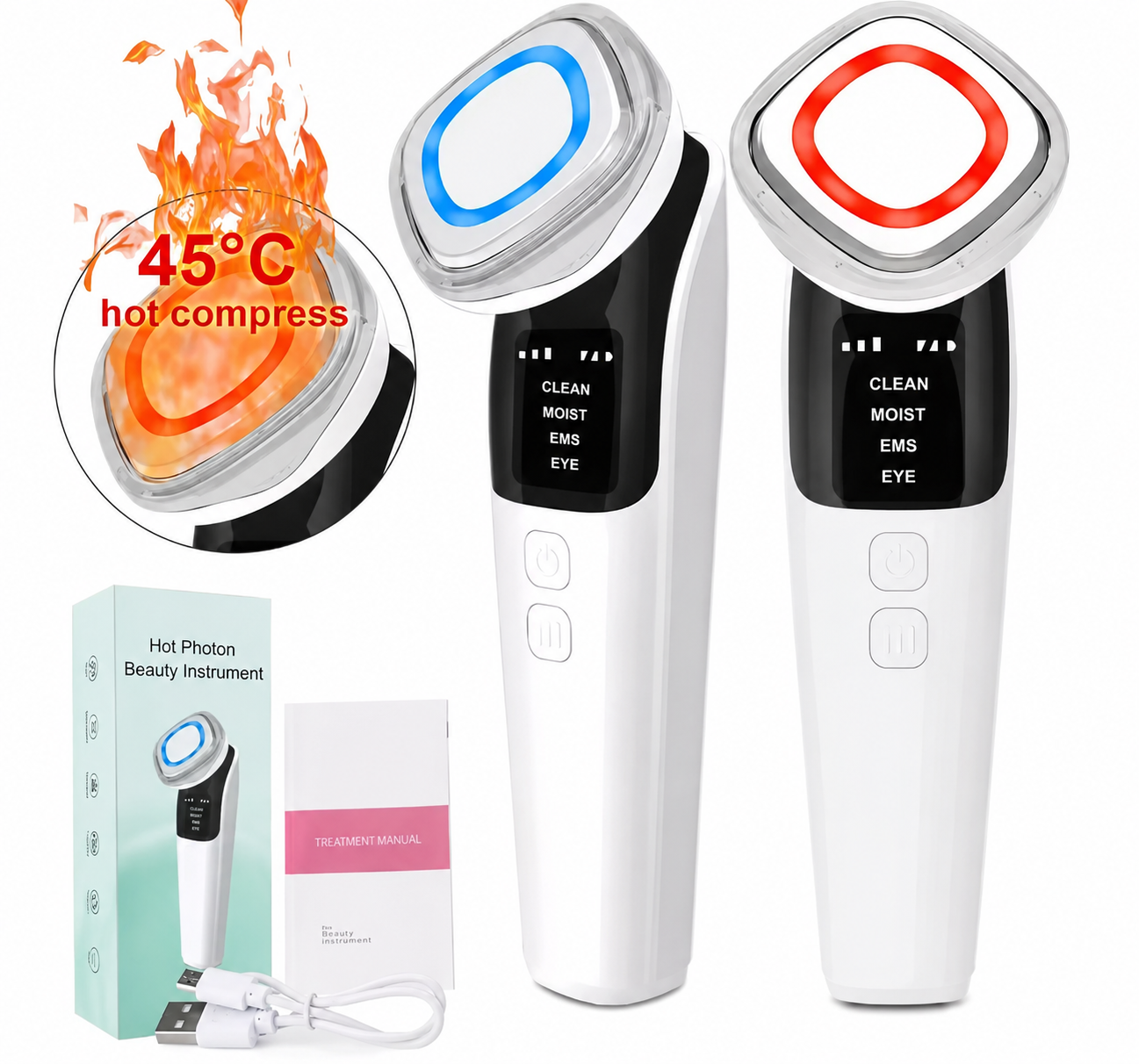 Masajeador Facial LED 4 en 1 con Tecnología EMS, Calor Terapéutico e Iones para Reafirmar, Limpiar e Iluminar la Piel
