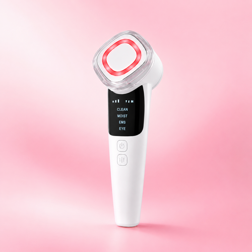 Masajeador Facial LED 4 en 1 con Tecnología EMS, Calor Terapéutico e Iones para Reafirmar, Limpiar e Iluminar la Piel