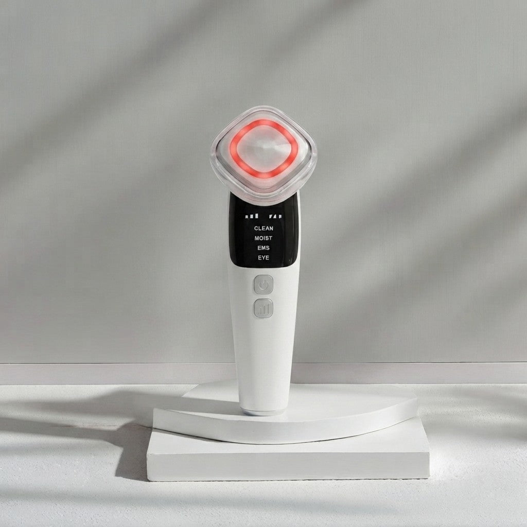 Masajeador Facial LED 4 en 1 con Tecnología EMS, Calor Terapéutico e Iones para Reafirmar, Limpiar e Iluminar la Piel